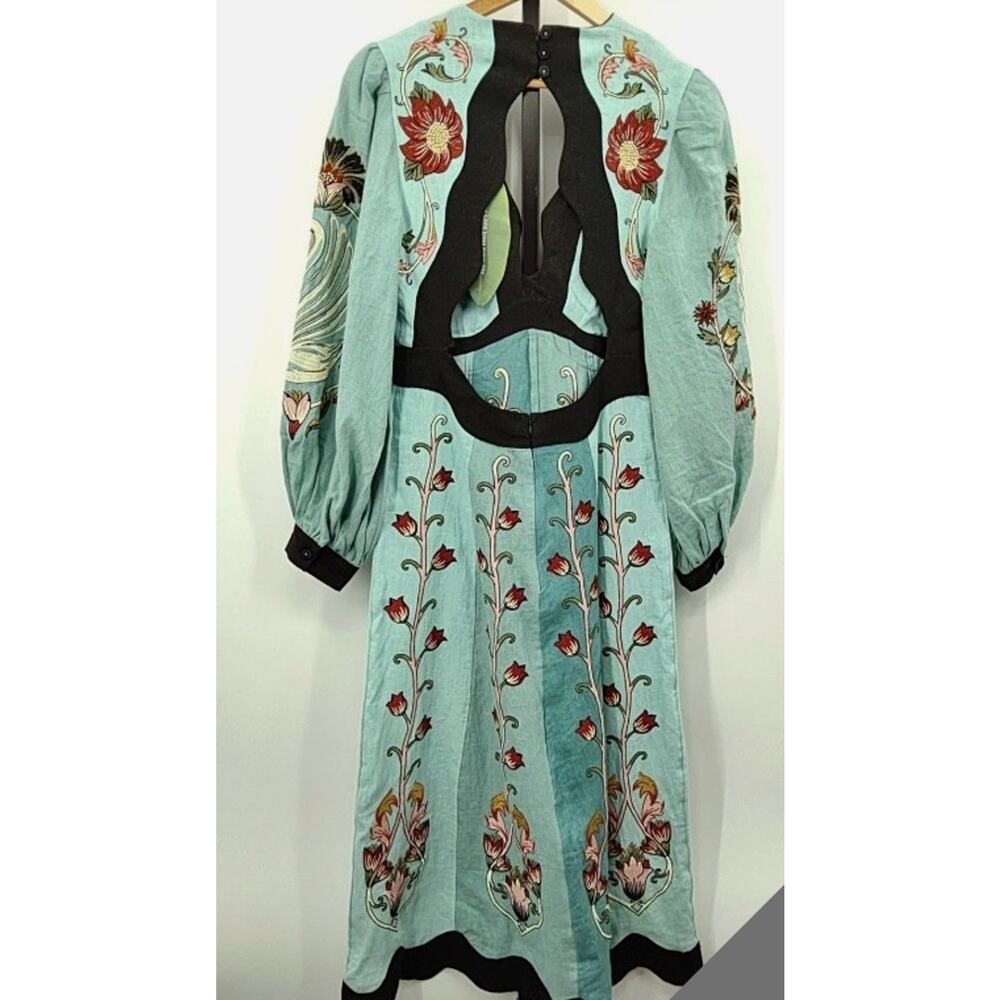 New! Farm Rio Flowing Beauty Blue Embroidered Long Sleeve  A-Linen Dress SzS - Picture 11 of 11